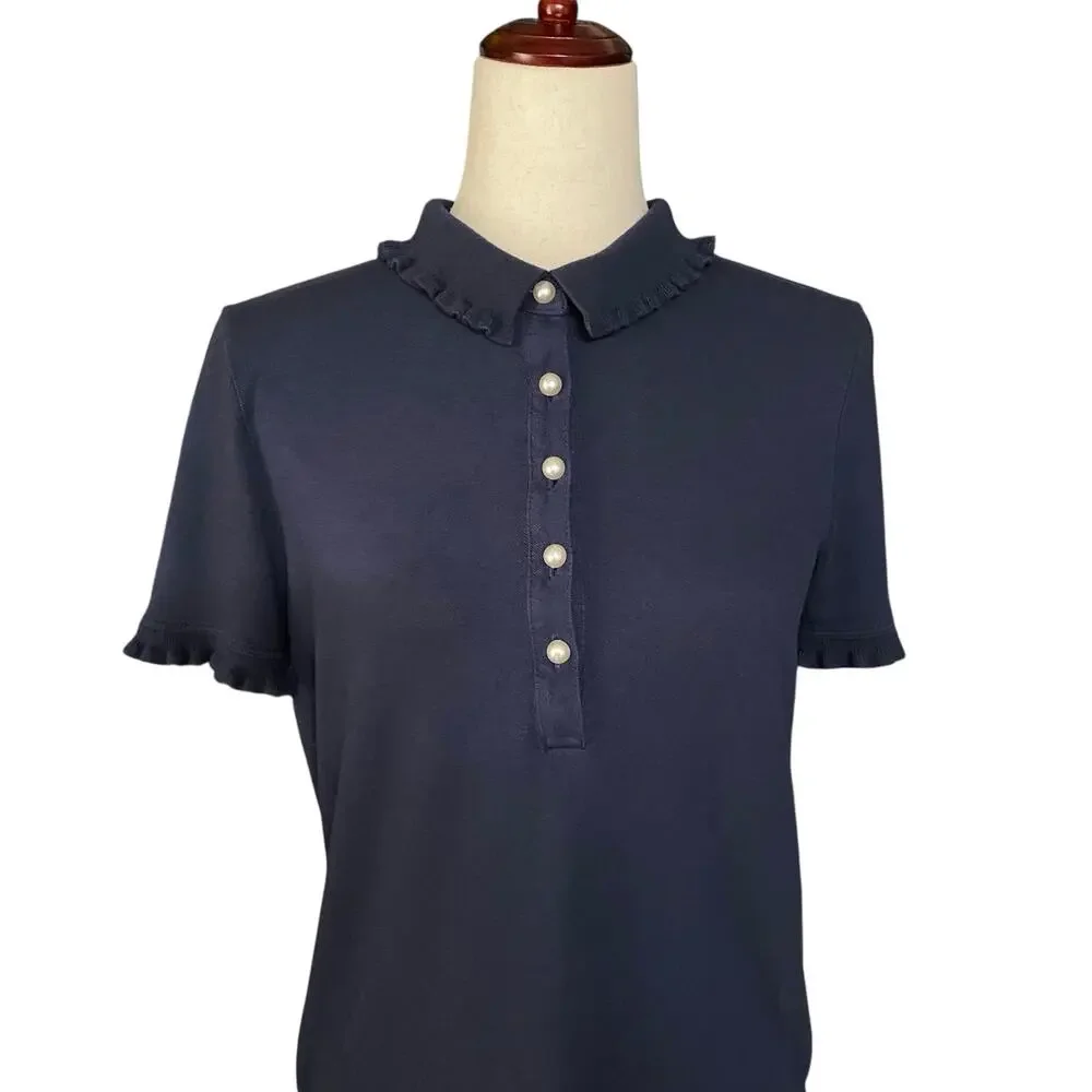 Tory Burch Pearl Button Polo Womens M Lettuce Hem Collar and Sleeves Navy Preppy